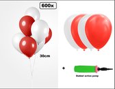 600x Luxe Ballon rood/wit 30cm + 2x dubbel actie pomp - biologisch afbreekbaar - Carnaval Festival feest party verjaardag Sinterklaas landen helium lucht thema