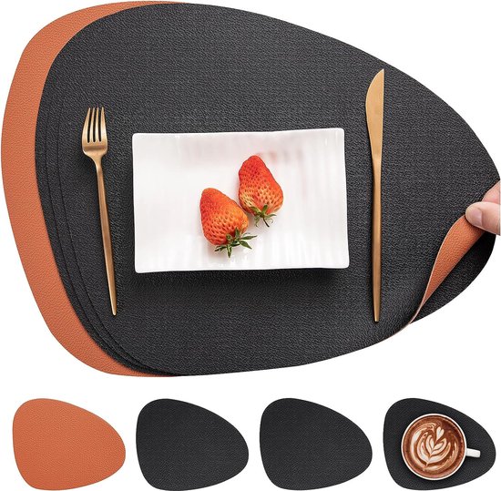 Placemats leer en onderzetters, afwasbaar, rond, dubbelzijdig, antislip