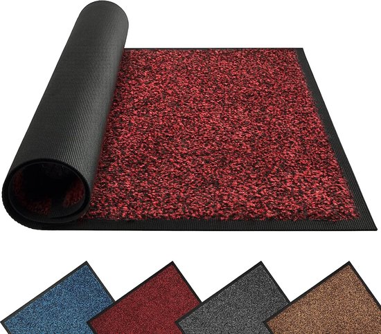 schoonloopmat, deurmat voor binnen en buiten, 60 x 90 cm, rood en zwart, wasbare droogloopmat, robuuste entreemat met antislip, voeten vegen, zeer goed absorberende voordeurmat, tapijt