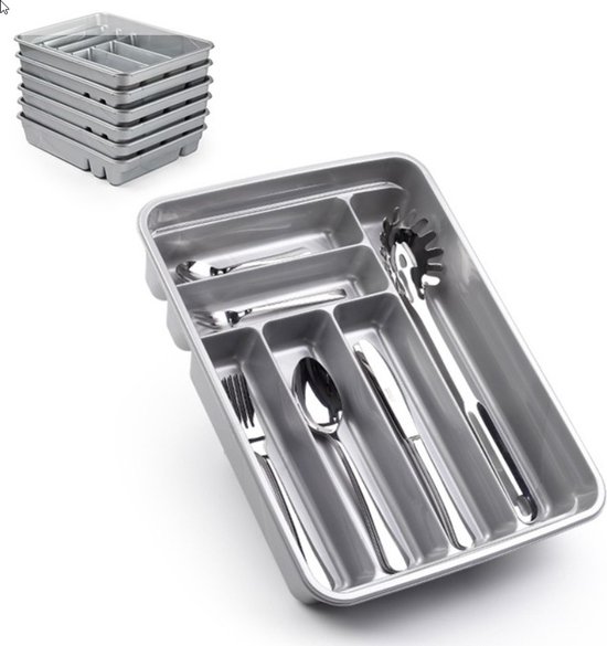 Bestekbak à couverts / porte-couverts 6 compartiments argent - 40 x 30 x 7 cm - Accessoires de rangement de Cuisine