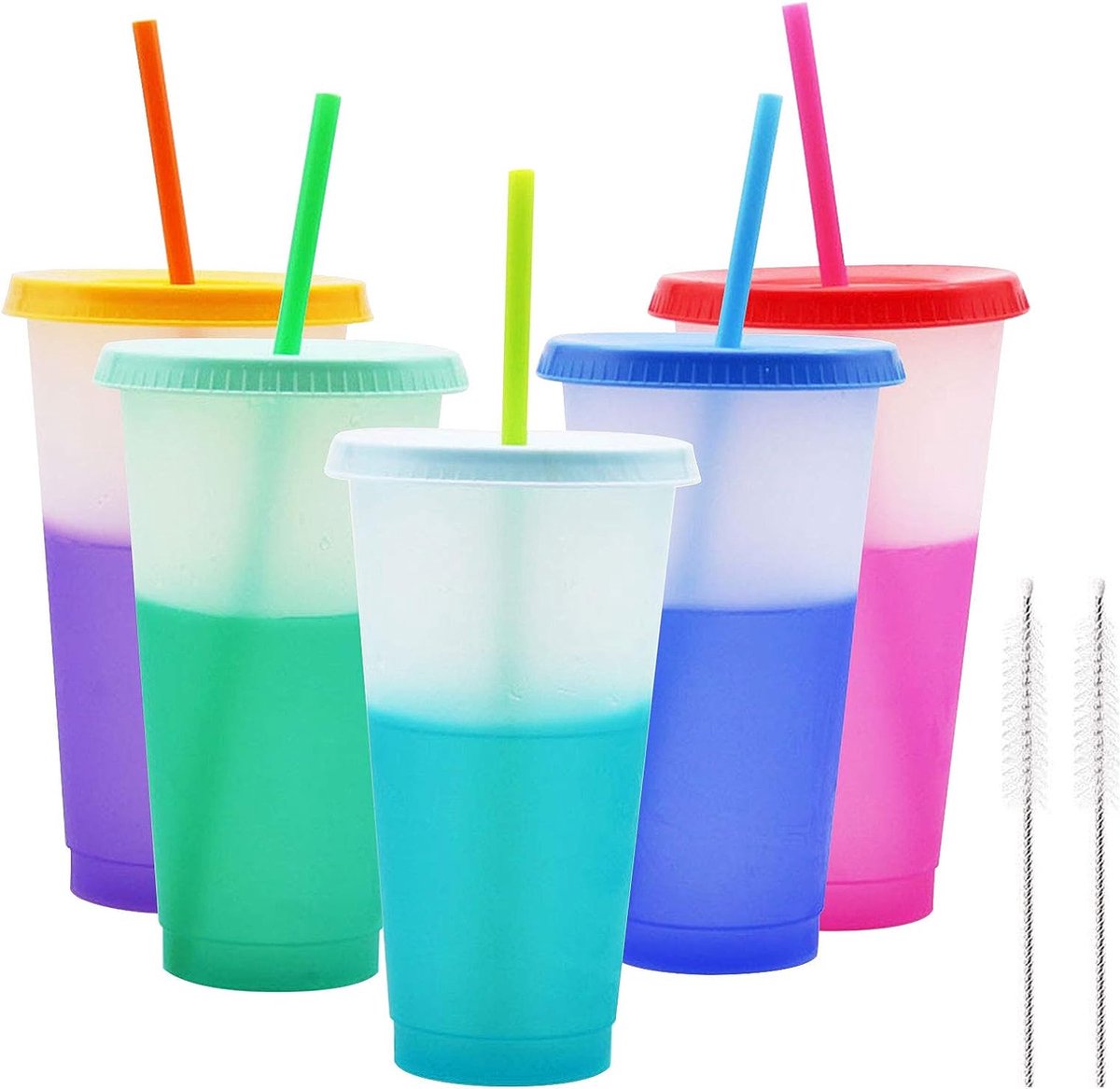 Goedkoopste Kleurverandering bekers, 5 stuks, herbruikbare kunststof kleurverandering, koude drankbekers, drinkbekers met dekselrietjes en 2 reinigingsborstels voor volwassenen en kinderen