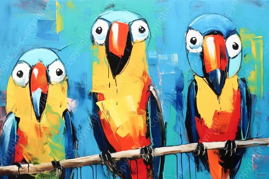 JJ-Art (Toile) 90x60 | 3 perroquets, abstrait dans le style Herman Brood, coloré, couleurs vives, art | oiseau, animal, jaune, blanc, bleu, rouge, humour, tropical, moderne | Impression sur toile Photo-Painting (décoration murale)