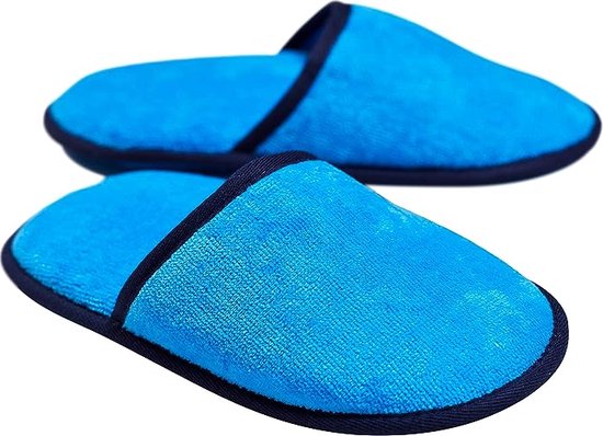 Velour Badstof slippers zonder siliconen noppen, 100% biologisch katoen, hotelslippers, pantoffels, dames en heren, één maat, gesloten, blauw marineblauw