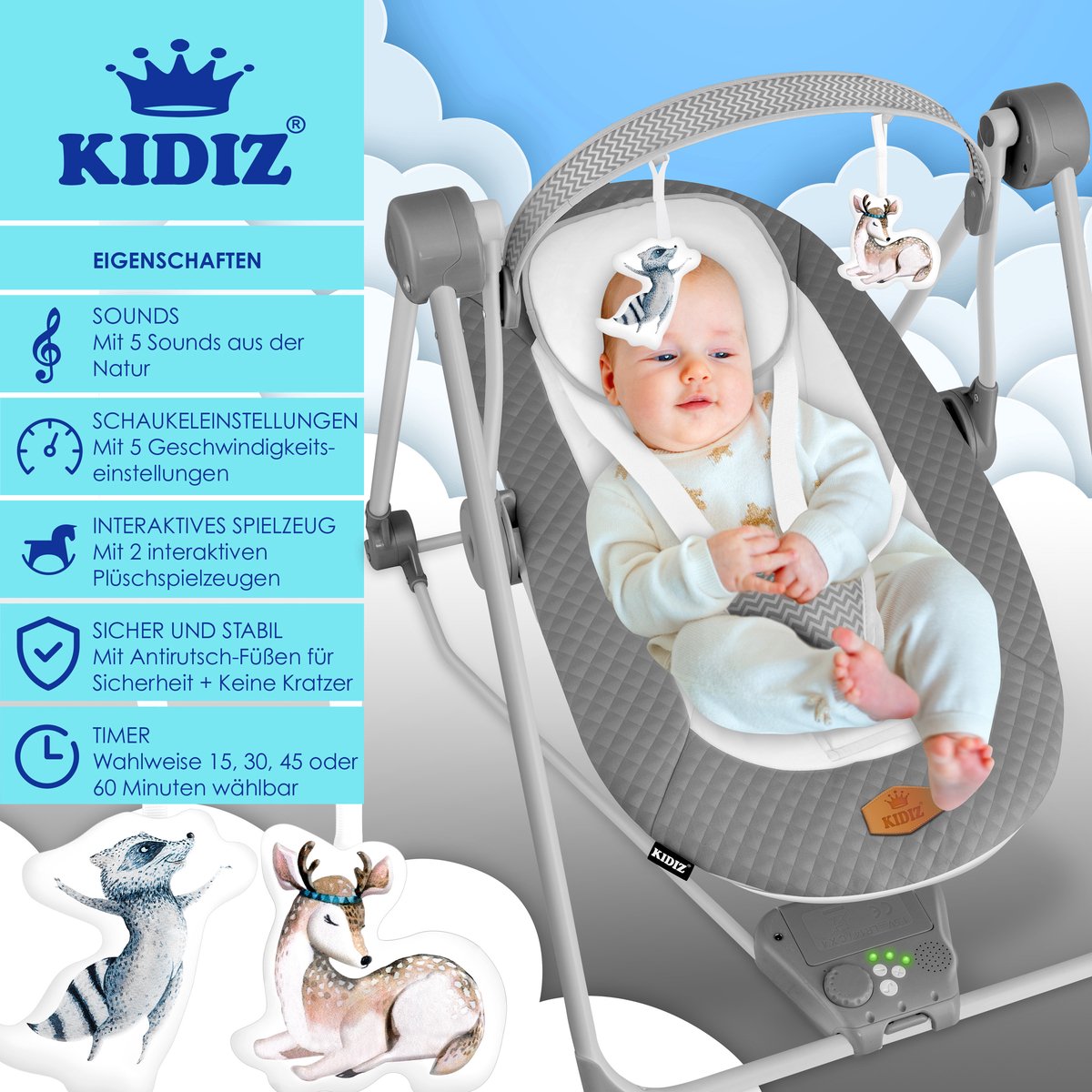 KIDIZ Wipstoel Baby Elektrisch Babyschommel tot max 9kg - Antraciet thumbnail 2
