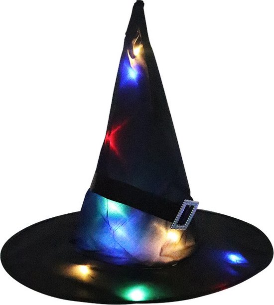 Zwarte heksenhoed met LED lichtjes in verschillende kleuren.