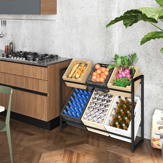 Aibiju YD-YLJ002B Drankratrek voor 4 kisten, stabiel metalen standaard, vrijstaande krattenstandaard, waterkistenrek met plank, voor woonkamer, keuken, wijntrommel, 70 x 33 x 112 cm