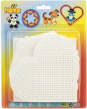 Plaques Hama pour perles à repasser en forme de cœur, avec exemples de panda, arc-en-ciel, chien et oiseau.