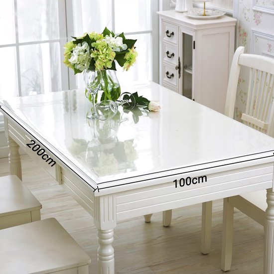 Nappe PVC Transparente 2mm Crystal Clear Table Protector 100cm x 200cm Imperméable Résistant à l'huile PVC épais Respectueux de l'environnement Antidérapant Résistant aux rayures Entretien facile