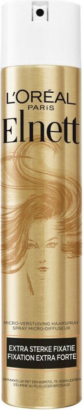 Gouden Elnett haarsprayfles met een vrouwengezicht en golvend haar.