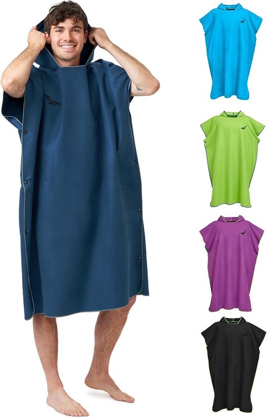Omkleedhulp, surf poncho, handdoek badjas, handdoek badjas met capuchon, surf poncho, handdoek met mouwen - maat L, marineblauw