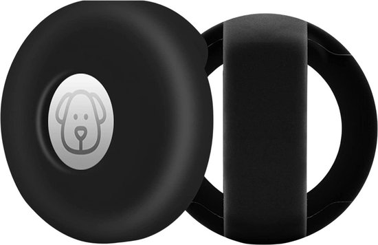 Zwarte, ronde houder voor AirTag met een lichtgrijze cirkel met hondensilhouet. Rechts een gesp.