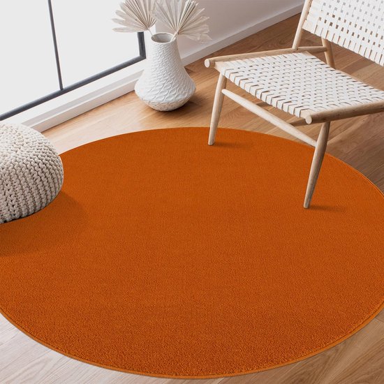Laagpolig tapijt voor de woonkamer, effen moderne tapijten voor de slaapkamer, werkkamer, kantoor, hal, kinderkamer en keuken, oranje, 150 cm rond