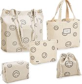 5 stuks corduroy bag set tas reizen toilettas smile face cosmeticatas multifunctionele handtas make-up tas voor dames, beige, Retro