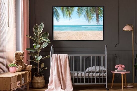 Photo encadrée - Feuilles de palmier suspendues au dessus du cadre photo plage noir sans passe partout 120x80 cm - Affiche encadrée (Décoration murale salon / chambre) / Mer et plage