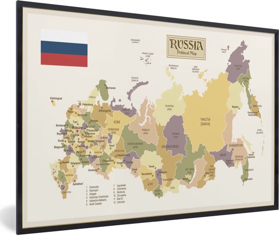 Image encadrée - Illustration d'une carte colorée à l'ancienne de la Russie cadre photo 120x80 cm - Affiche encadrée (Décoration murale salon / chambre)