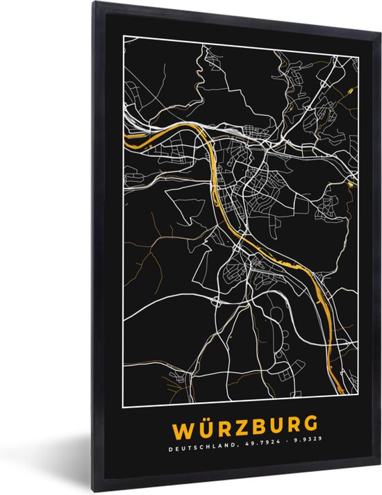Fotolijst incl. Poster - Stadskaart – Plattegrond – Duitsland – Goud – Würzburg – Kaart - 60x90 cm - Posterlijst