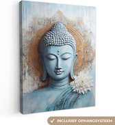 Canvas Schilderij Boeddha - Beeld - Blauw - Bruin - Bloem - 90x120 cm - Wanddecoratie