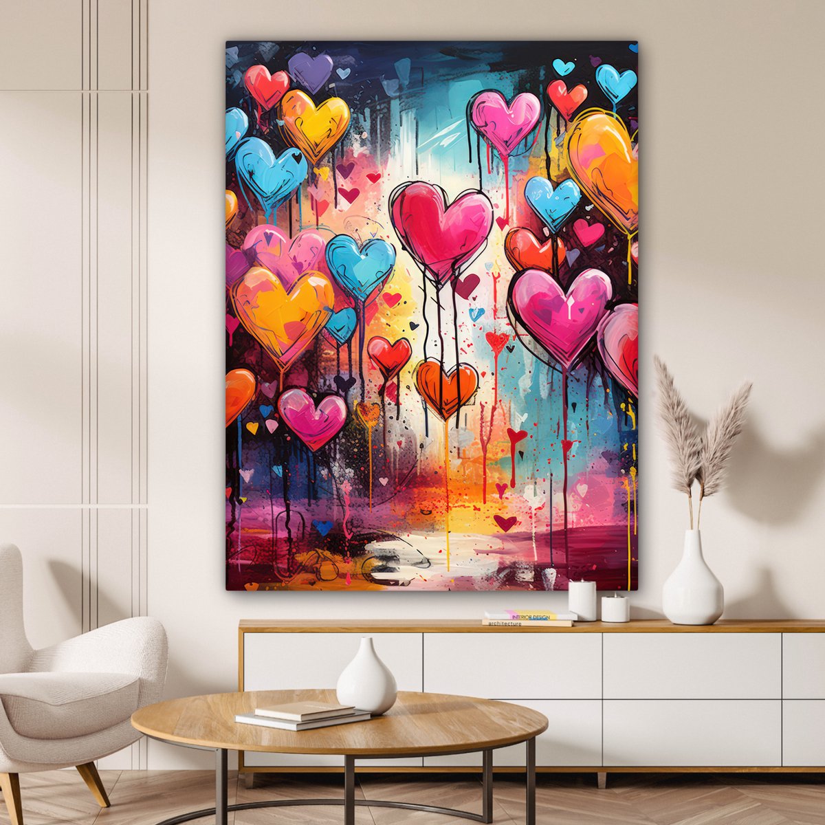 Tableau toile coeurs 140x90 cm - Décoration maison salon - Art abstrait  coloré 