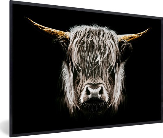Cadre photo avec affiche Zwart Wit- Scottish Highlander - Or - Cornes - Zwart Blanc - Vache - Animaux - 30x20 cm - Cadre pour affiche