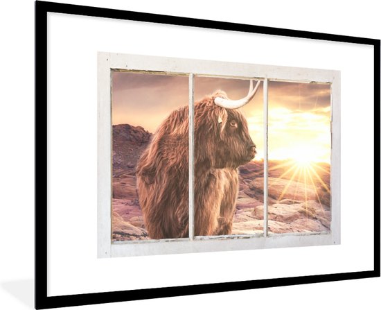 Cadre photo avec affiche - Highlander écossais - Vue à travers - Coucher de soleil - 90x60 cm - Cadre pour affiche