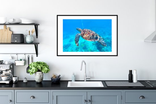 Affiche avec cadre Tortue - Mer - Blauw - 90x60 cm
