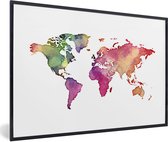 Fotolijst incl. Poster - Wereldkaart - Waterverf - Kleuren - 120x80 cm - Posterlijst