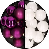 Decoris - kerstballen 24x st - mix winter wit/paars - 6 cm - kunststof - kerstversiering