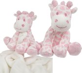 Suki Gifts giraffe baby geboren knuffels set - tuttel doekje en knuffeltje - roze/wit