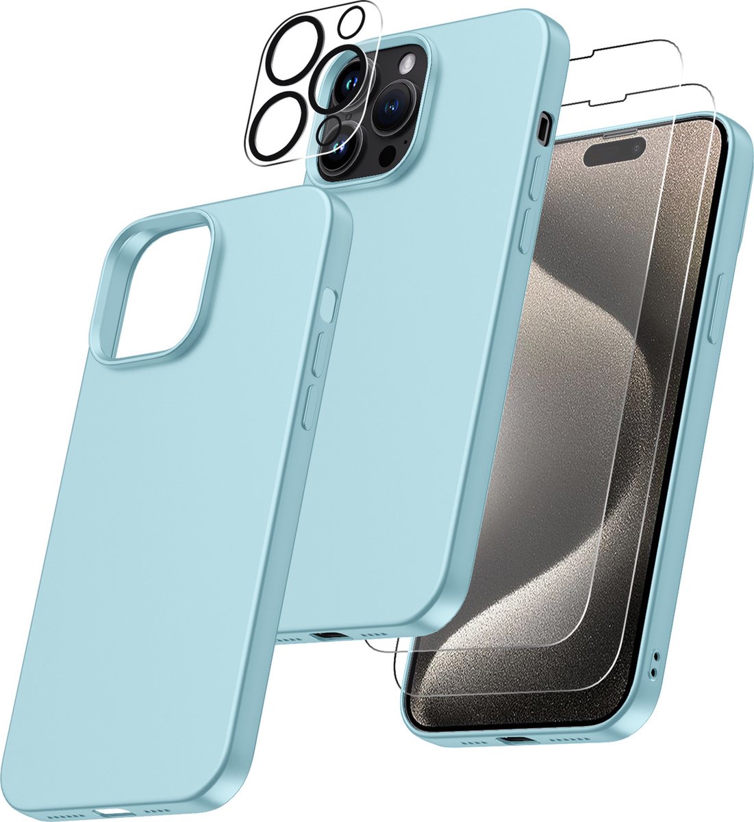 Hoesje Geschikt voor iPhone 15 Pro – Zacht siliconen liquid backcover met 2x screenprotector gehard glas en 1x lens protector – Licht blauw