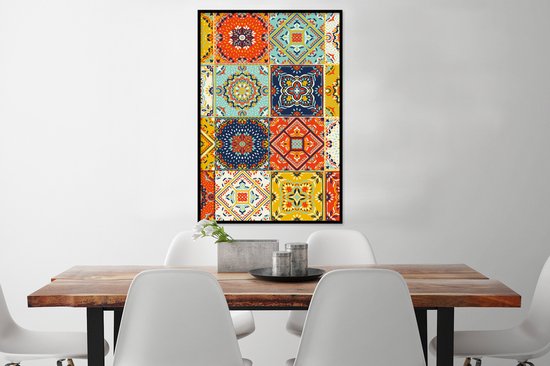 Fotolijst incl. Poster - Vintage - Bloemen - Patroon - Wit - Oranje - 80x120 cm - Posterlijst