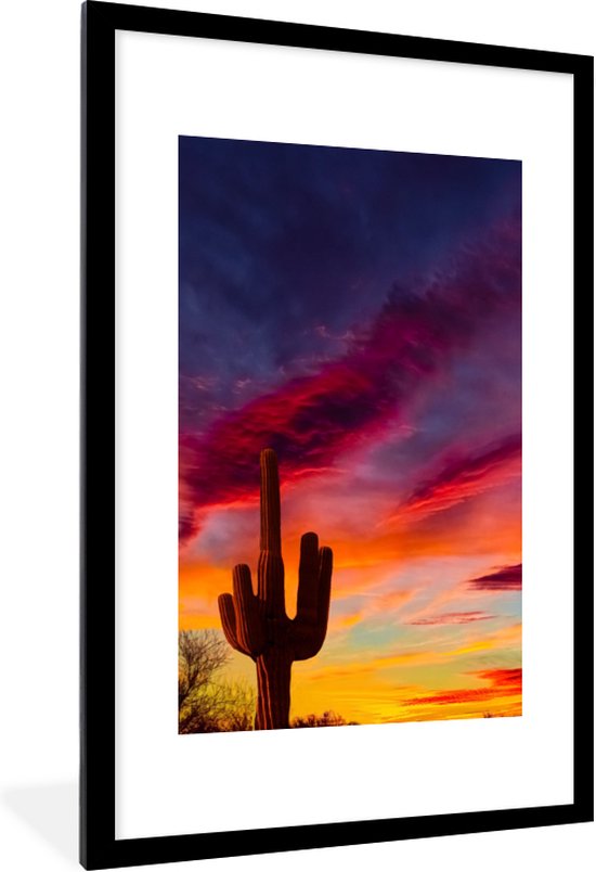 Fotolijst incl. Poster - Cactus - Lucht - Zonsondergang - Paars - Roze - 60x90 cm - Posterlijst