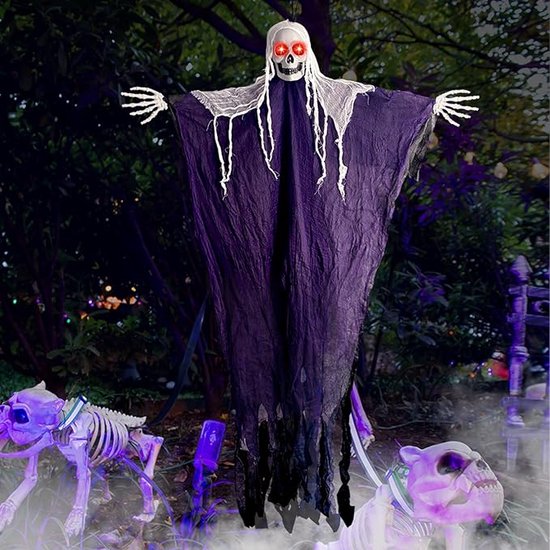 Fantôme D'Halloween à Suspendre 85 Cm - Tête De Mort, Tissu Noir Et Gris - Décoration Effrayante Intérieur/extérieur - 10
