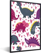 Poster in lijst voor kinderen - Wanddecoratie meisjes - Dino - Hart - Patronen - Roze - Meisjes - Dinosaurus - Decoratie voor kinderkamers - 80x120 cm - Poster kinderkamer