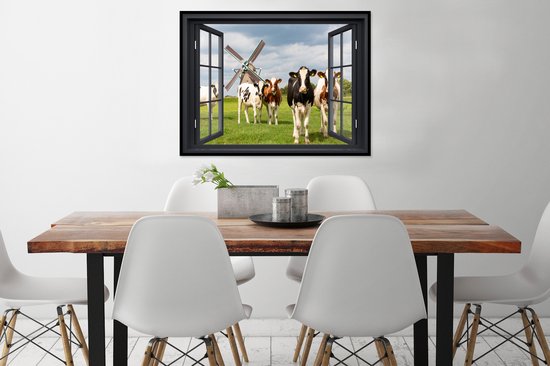 Poster in lijst - Fotolijst 80x60 cm - Posters - Doorkijk - Koe - Molen - Koeien - Weiland - Gras - Groen - Posterlijst zwart - Decoratie - Wanddecoratie woonkamer - Muurdecoratie slaapkamer