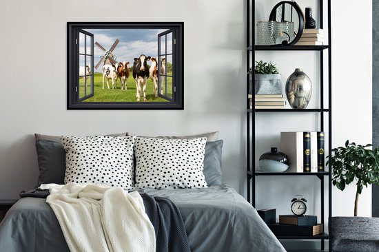 Poster in lijst - Fotolijst 80x60 cm - Posters - Doorkijk - Koe - Molen - Koeien - Weiland - Gras - Groen - Posterlijst zwart - Decoratie - Wanddecoratie woonkamer - Muurdecoratie slaapkamer