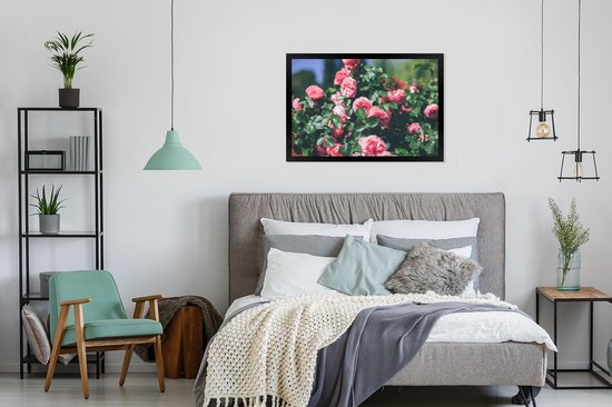 Photo en cadre - Belle rose rose en cadre photo jardin d'été noir 90x60 cm - Affiche sous cadre (Décoration murale salon / chambre)