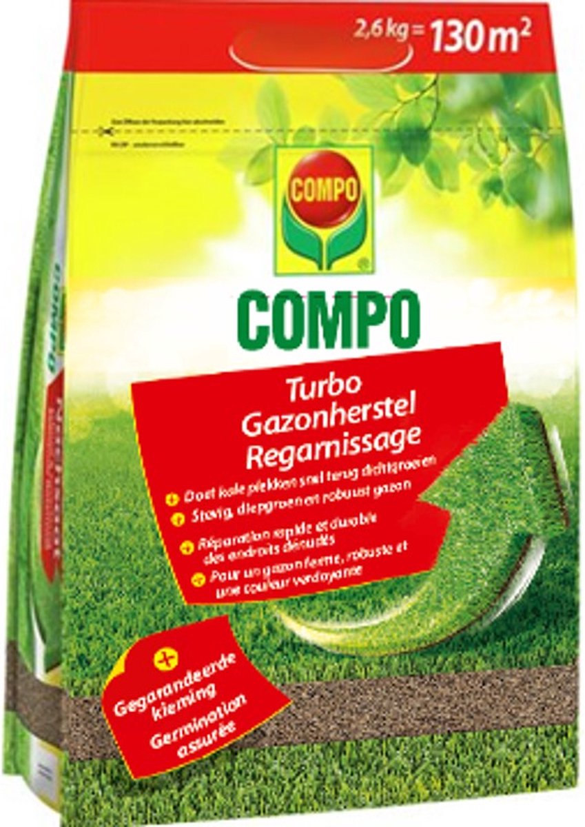 COMPO Turbo Gazonherstel - graszaden met extreem snelle werking - voor het herstel van kale plekken in het gazon - voor een heel snel zichtbaar resultaat - zak 2,6 kg (130 m²)