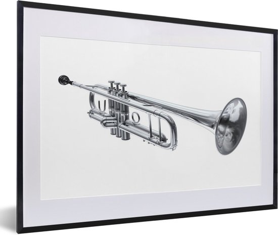 Image encadrée - Illustration d'un cadre photo trompette argent noir avec passe-partout blanc 60x40 cm - Affiche encadrée (Décoration murale salon / chambre)