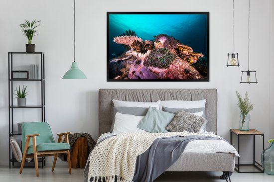 Photo encadrée - Corail lumineux dans une mer sombre près du Myanmar Cadre photo noir 120x80 cm - Affiche encadrée (Décoration murale salon / chambre)