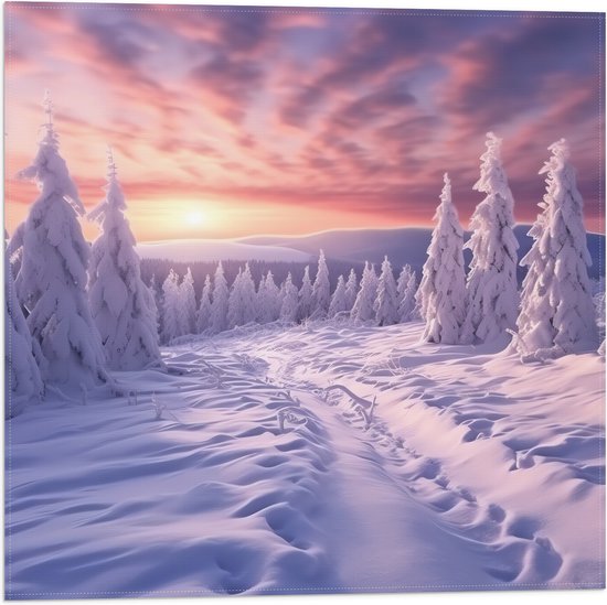 Vlag - Bomen - Sneeuw - Bergen - Paars - Wit - 50x50 cm Foto op Polyester Vlag