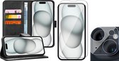 Hoesje geschikt voor iPhone 15 Plus - Screenprotector GlassGuard & Camera Lens Screen Protector - Book Case Leer Pasjeshouder Zwart