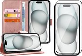 Hoesje geschikt voor iPhone 15 Plus - Screen Protector FullGuard - Book Case Leer Pasjeshouder Rosegoud & Screenprotector