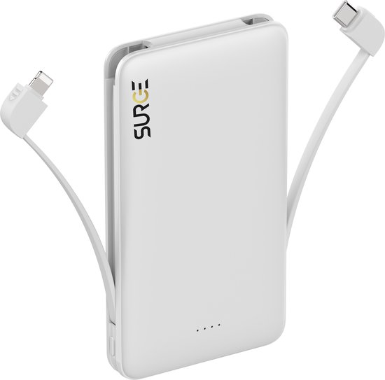 Surge Powerbank 10.000mAh met ingebouwde USB-C en Lightning Kabels – 22,5W Snellader geschikt voor iPhone en Samsung