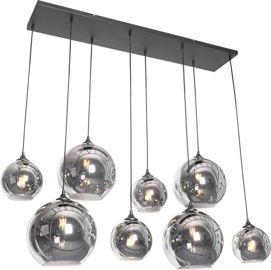 QAZQA sandra - Art Deco Dimbare LED Smart Grote hanglamp incl. wifi met Dimmer voor boven de eettafel | in eetkamer - 8 lichts - L 140 cm - Zwart - Woonkamer | Slaapkamer | Keuken