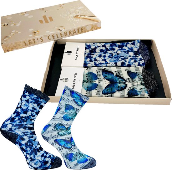 Sock My Feet geschenkdoos sokken dames 39 42 - cadeau voor vrouw - duurzaam - naadloos - Blooming Indigo Fluttering Notes