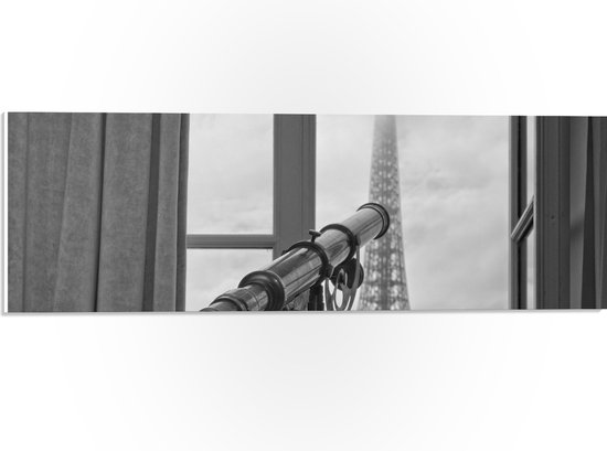 PVC Schuimplaat- Telescoop vanuit Hotelkamer met Uitzicht op de Eiffeltoren - 60x20 cm Foto op PVC Schuimplaat