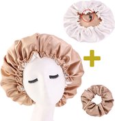 Satijnen Bonnet + Scrunchie - Satijnen Slaapmuts - Bonnet voor Krullen - Haar Bonnet - Hair Bonnet - Satin Bonnet - Afro - Unisex - Kaki - Beige