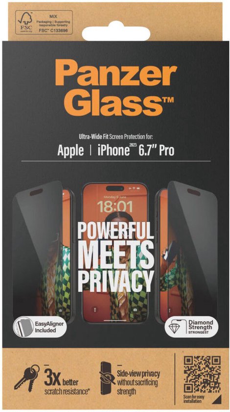 PanzerGlass - Screenprotector geschikt voor Apple iPhone 15 Pro Max Glazen | PanzerGlass Ultra-Wide Fit Screenprotector Privacy - Case Friendly + Installatie Frame