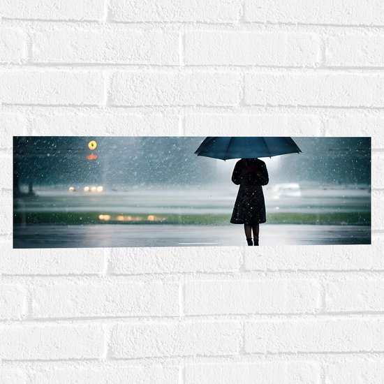 Muursticker - Vrouw onder Paraplu in Regenbui - 60x20 cm Foto op Muursticker