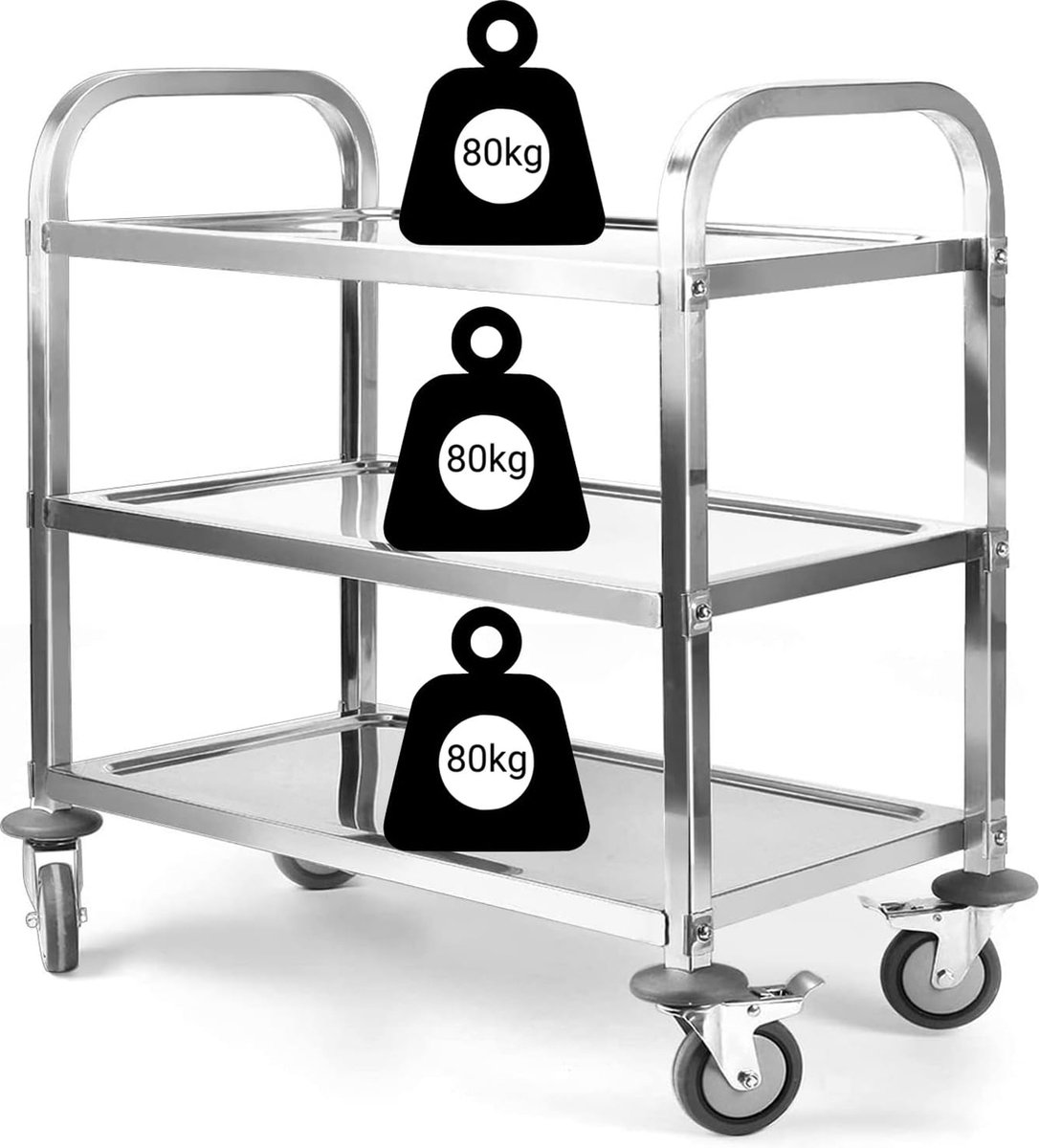 Chariot de cuisine en acier inoxydable avec roulettes - Chariot de service à 3 étages - 2 bras - Pour salle à manger et salon - 95 x 55 x 95 cm Chariot de cuisine en acier inoxydable avec roulettes - Chariot de service à 3 étages - 2 bras - Pour salle à manger et salon - 95 x 55 x 95 cm